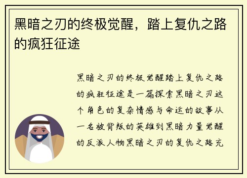 黑暗之刃的终极觉醒，踏上复仇之路的疯狂征途