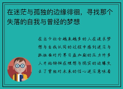 在迷茫与孤独的边缘徘徊,寻找那个失落的自我与曾经的梦想 在迷茫与孤独的边缘徘徊,寻找那个失落的自我与曾经的梦想