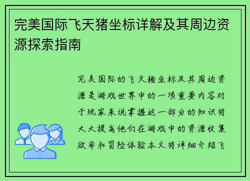 完美国际飞天猪坐标详解及其周边资源探索指南